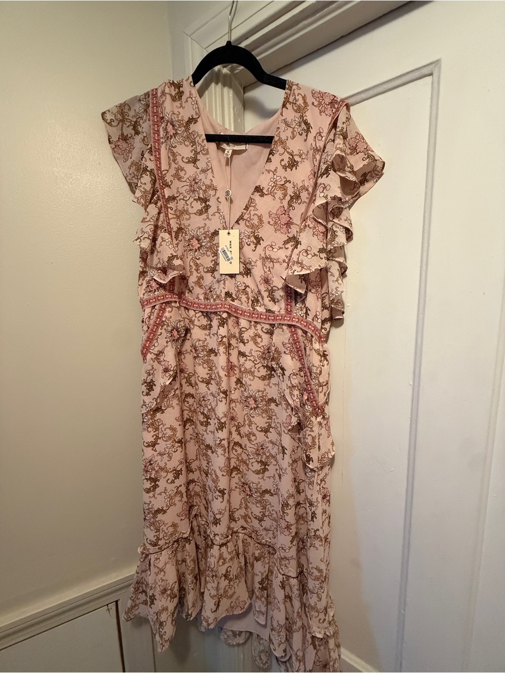 Max Studio Blush Pink Floral Ruffle Midi Dress